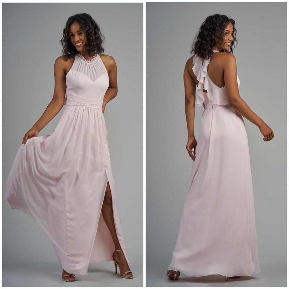 B2 Poly Chiffon Long Bridesmaid Dress with Jewel Neckline